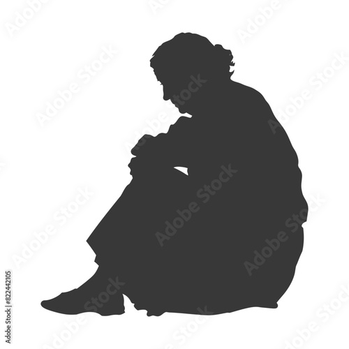 Silhouette sad elderly woman sitting alone depressed sitting black color only