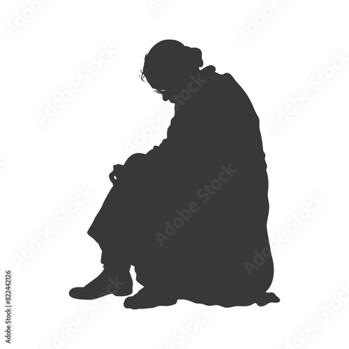 Silhouette sad elderly woman sitting alone depressed sitting black color only