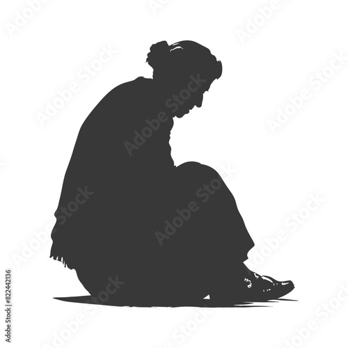 Silhouette sad elderly woman sitting alone depressed sitting black color only