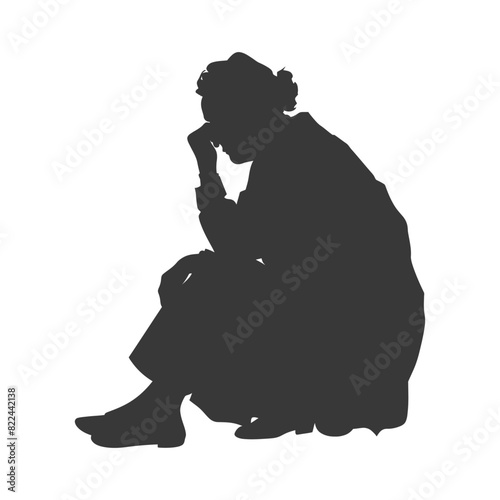 Silhouette sad elderly woman sitting alone depressed sitting black color only