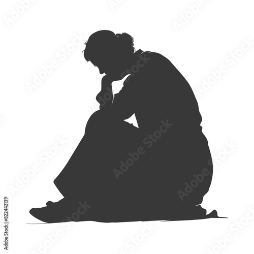 Silhouette sad elderly woman sitting alone depressed sitting black color only