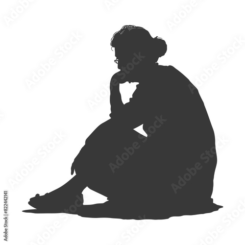 Silhouette sad elderly woman sitting alone depressed sitting black color only
