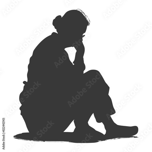 Silhouette sad elderly woman sitting alone depressed sitting black color only