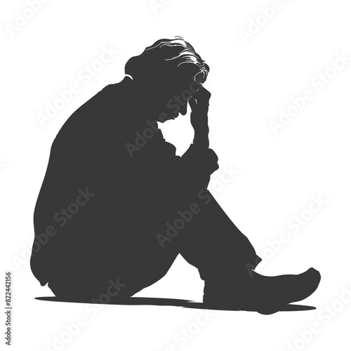 Silhouette sad elderly woman sitting alone depressed sitting black color only