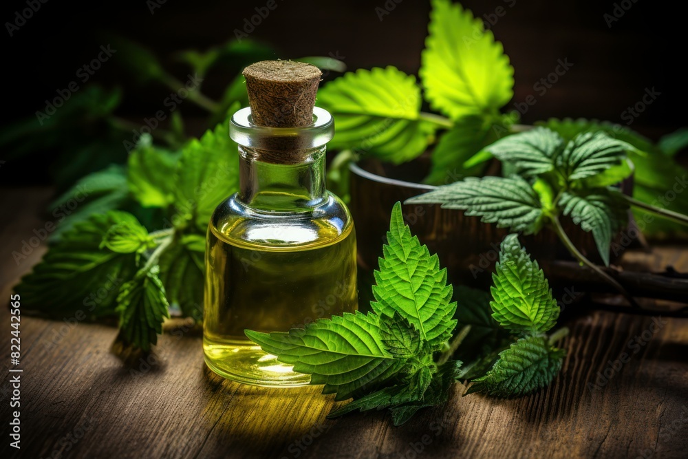 Small glass bottle of nettle oil surrounded by fresh green nettle leaves on a wooden surface Small glass bottle of nettle oil surrounded by fresh green nettle leaves on a wooden surface