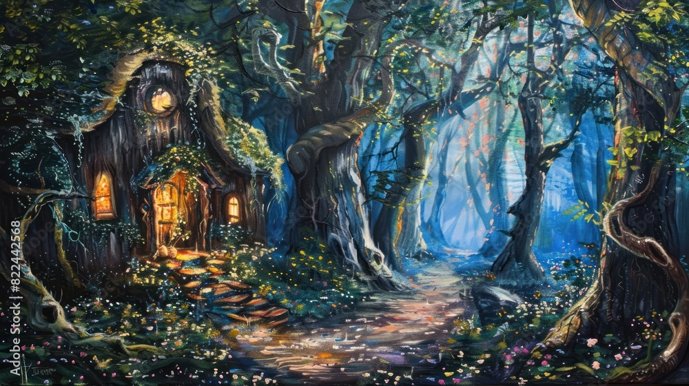 Obraz premium Fantasy oil painting hut on magical forest background.