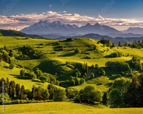 Spring green meadows undulating landscape with hills and shadows, high mountains in the background.  Grass fields Pieniny mountains in spring, Wysoki Wierch, Slachovky, Poland and Slovakia. photo