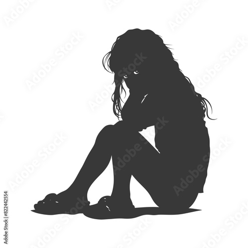 Silhouette sad little girl sitting alone depressed sitting black color only
