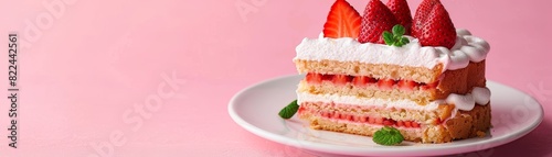 Delicious strawberry shortcake dessert with layers of cream and fresh strawberries on a white plate against a pink background.