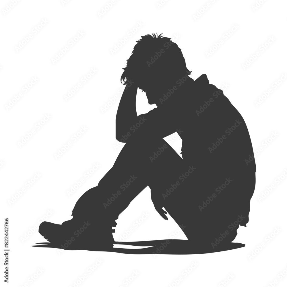 Silhouette sad man sitting alone depressed sitting black color only Silhouette sad man sitting alone depressed sitting black color only