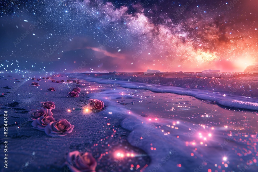 Romantic Seascape with Stars at Night, Roses on the Beach, Wallpaper Concept Romantic Seascape with Stars at Night, Roses on the Beach, Wallpaper Concept