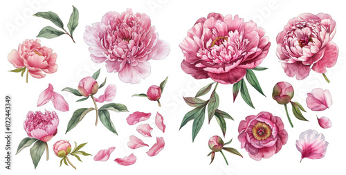 Fototapeta Naklejka Na Ścianę i Meble -  watercolor illustrations of pink peony blooms, buds and loose petals, perfect floral graphical elements for elegant wedding stationery