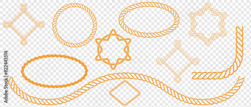 Nautical rope knots and frames. Swaying yellow  nautical rope border. Vector isolated on transparent background. eps 10.