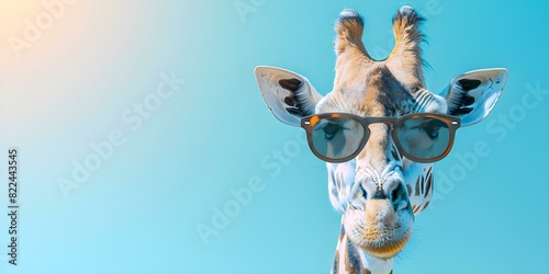 Giraffe in sunglasses outdoors humorously personifies wildlife in a sunny setting. Concept Wildlife Photography, Humor, Wildlife Portraits, Outdoor Fun photo