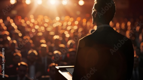 Photo of a male giving speech and a crowd in background