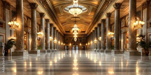 Opulent Grand Opera House Foyer with marble columns and crystal chandeliers. Concept Luxurious Interiors  Opulent Decor  Elegant Architecture  Grandiose Chandeliers  Majestic Columns