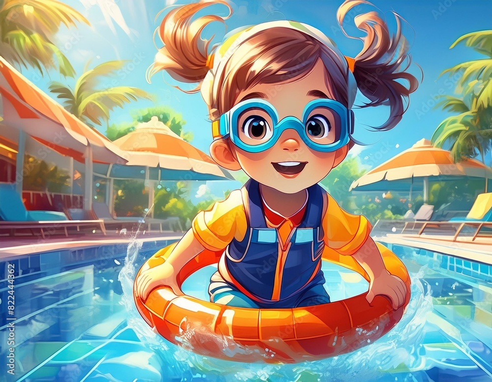 Naklejka premium Little girl jumping into a pool. Colorful illustration of a child having fun.