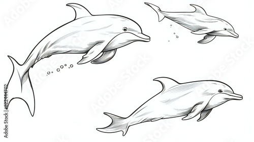 set of dolphin black outline white illustration