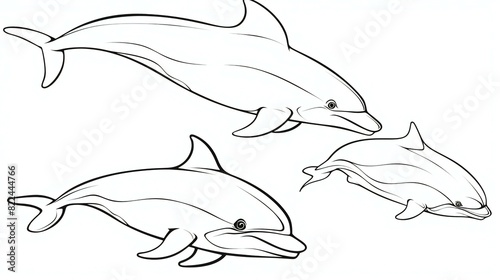 set of dolphin black outline white illustration