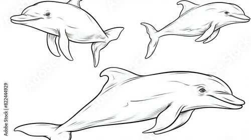set of dolphin black outline white illustration