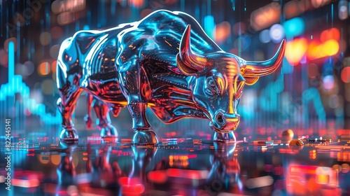 A metallic bull stands in a city setting with colorful lights, representing financial success.
