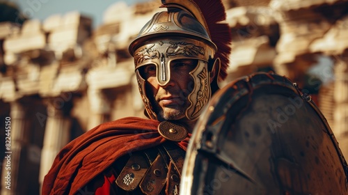 Roman male legionary, legionaries wear helmet with crest, long sword and scutum shield, heavy infantryman, realistic soldier of the army of the Roman Empire, on Rome background. Warrior Gladiator photo