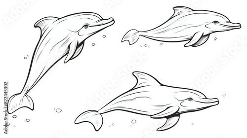 set of dolphin black outline white illustration