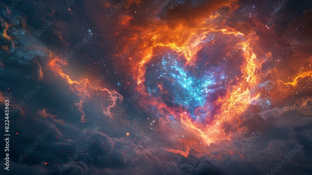 Abstract illustration of a heart shaped nebula in the galaxy with orange and blue colors