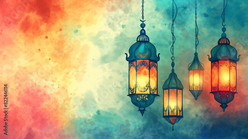 Ramadan watercolor vector background with Lanterns.There is empty space. Watercolor style