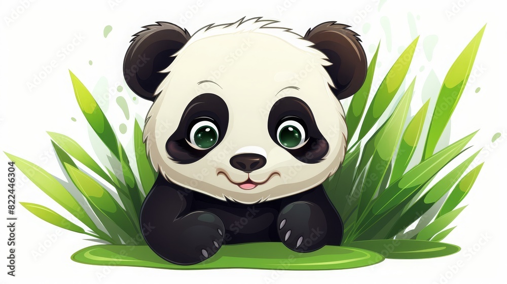 Adorable cartoon panda sitting in green grass, illustrating playful and cute animal character suitable for children's content.