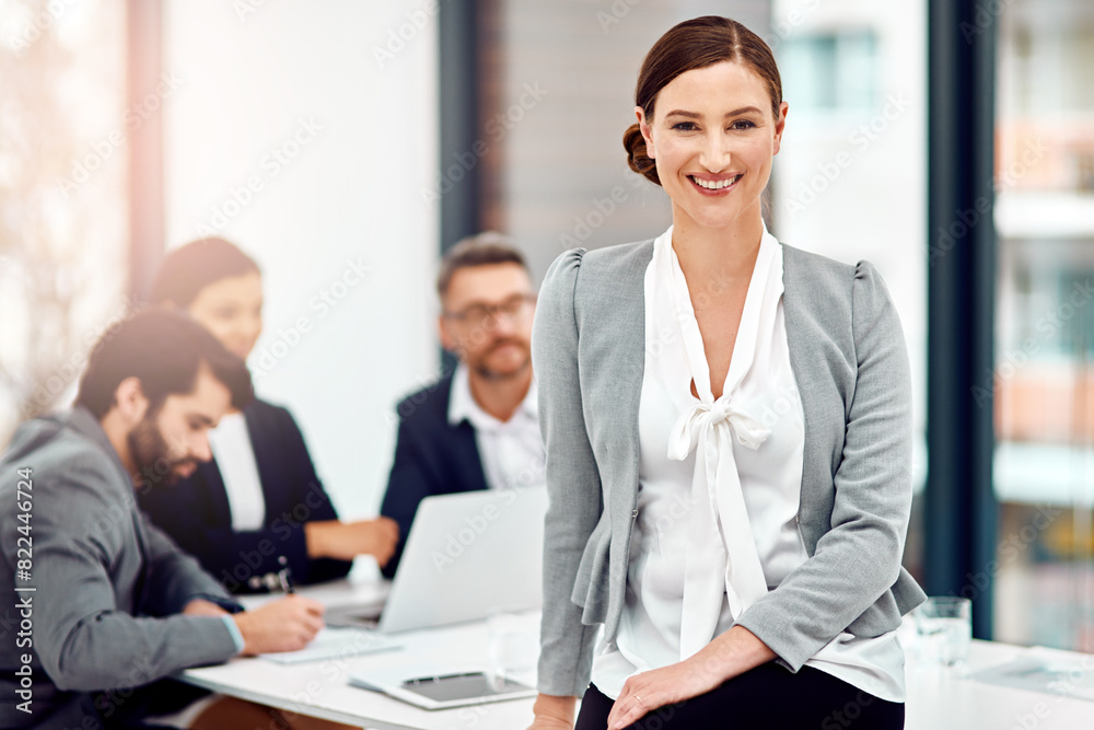 Office, conference and portrait of woman with smile for business meeting, report and planning. Happy, employee and pride in accounting with consultation for finance investment, budget and consulting Office, conference and portrait of woman with smile for business meeting, report and planning. Happy, employee and pride in accounting with consultation for finance investment, budget and consulting