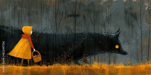 little red riding hood walking in the forest with the big bad wolf her.