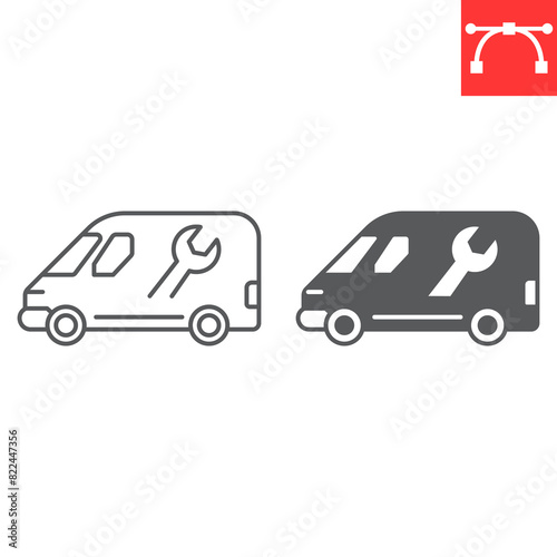 Plumbing service van line and glyph icon, plumbing service and transport, handyman truck vector icon, vector graphics, editable stroke outline sign, eps 10.