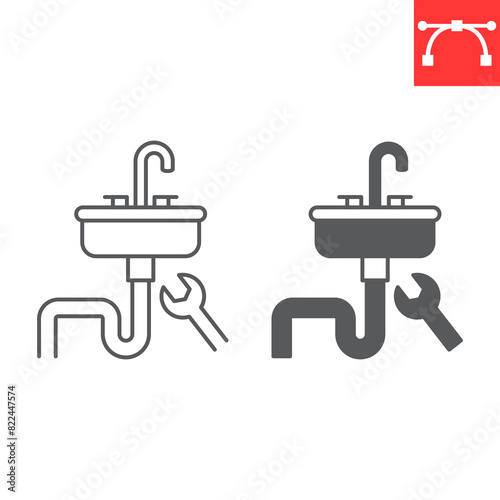 Sink installation line and glyph icon, plumbing service and handyman work, household repair vector icon, vector graphics, editable stroke outline sign, eps 10.