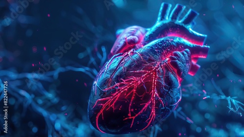 3D visualization of a human heart affected by a fictional virus in neon blue, emphasizing details in a hightech environment