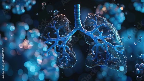A 3D visualization of human lungs, with the virus highlighted in blue to depict its impact on the respiratory system, providing a clear and educational perspective