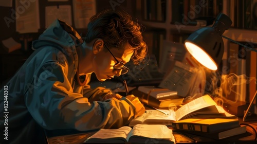 A photorealistic close-up of a student, rear view, focused on studying late at night under a warm desk lamp, scattered books and notes, slight glow on the glasses, digital painting