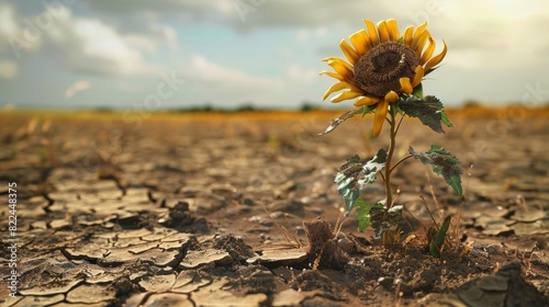 A photorealistic image of a wilting sunflower in a barren field, brown leaves, cracked soil, muted colors, captured from an eye-level angle, emphasizing the lack of nutrients and lifeless environment
