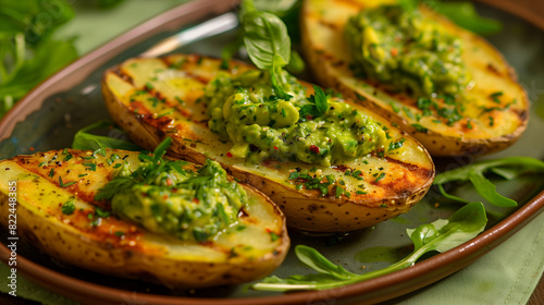 Grilled Potatoes with Avocado and Herb Topping, on a Rustic Plate, Healthy Vegan Dish