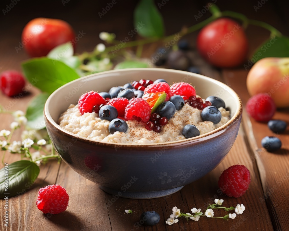 Bowl of oatmeal topped with fresh berries and surrounded by fruits on a wooden table, creating a healthy breakfast setup. Bowl of oatmeal topped with fresh berries and surrounded by fruits on a wooden table, creating a healthy breakfast setup.