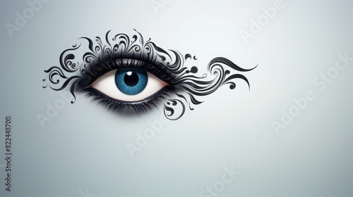 Artistic blue eye with intricate black swirl patterns against a white background, perfect for design, beauty, and fashion themes.