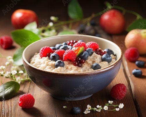 Bowl of oatmeal topped with fresh berries and surrounded by fruits on a wooden table, creating a healthy breakfast setup.
