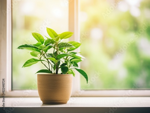 Bright and fresh green potted plant on a windowsill with soft natural light creating a serene and tranquil home environment.
