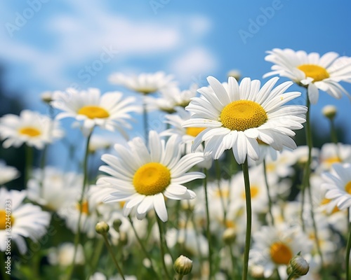 Close-up of beautiful white daisies in full bloom under a clear blue sky. Capture the essence of spring with these vibrant flowers.