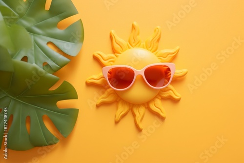 Bright sun with pink sunglasses and tropical leaves on an orange background, symbolizing summer, vacation, and sunny days.