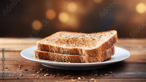 Close-up of two slices of toasted whole grain bread placed on a white plate on a wooden table with a bokeh background, perfect for breakfast theme.