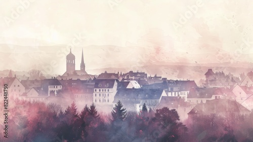 Travel illustration. Panorama of the town. Art, minimalism, romanticism, watercolors, pastels. Generative AI. photo