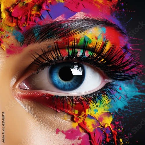 Close-up photo of a human eye surrounded by vivid, colorful paint splashes, showcasing creativity and artistic expression.