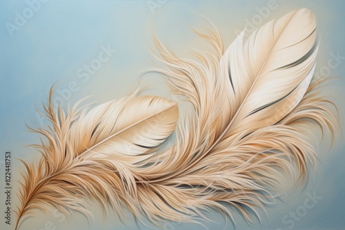 Close-up of two fluffy, light brown feathers against a soft blue background, showcasing intricate details and delicate texture.