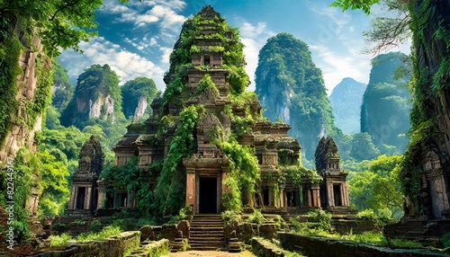 An ancient temple overgrown with vines and trees  set against a backdrop of towering natural mountains.